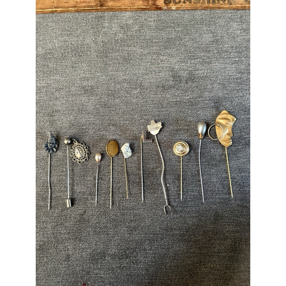 Lot Of‎ 10 Vintage Stick Pins Gold Tone, Silver Tone, Stone, Clown, Alpaca, MCM